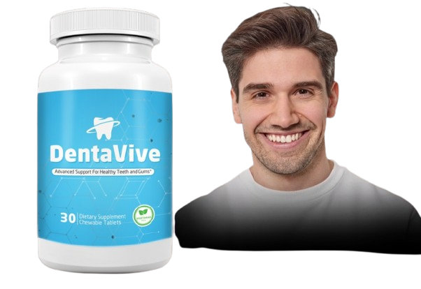DentaVive bottle next to a smiling man