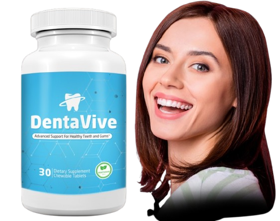 DentaVive product bottle with natural ingredients in the background